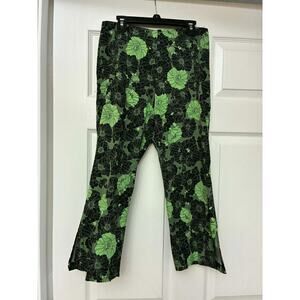 FMX Comfort Stretch Women Floral Pull On Pants Green Black Split Hem Sz 3